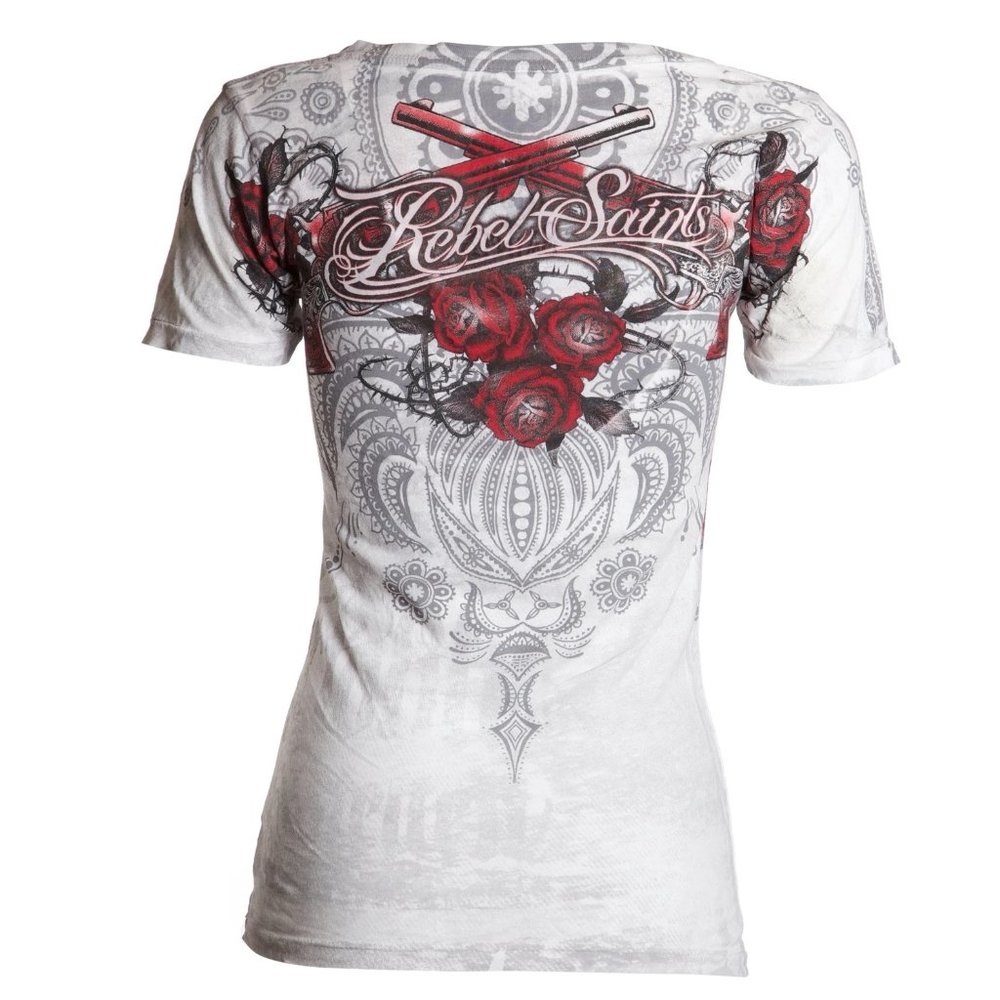 Rebel Saints AFFLICTION Womens T-Shirt SOPHIA Guns Tattoo Biker - Picture 3 of 7